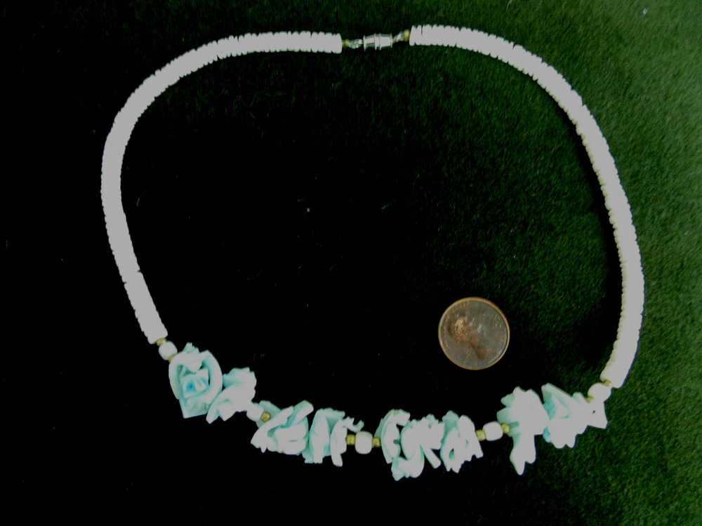 Vtg 70s Hawaiian Hippie Surfer Aqua Bib White Puka Shell 16” Choker Necklace